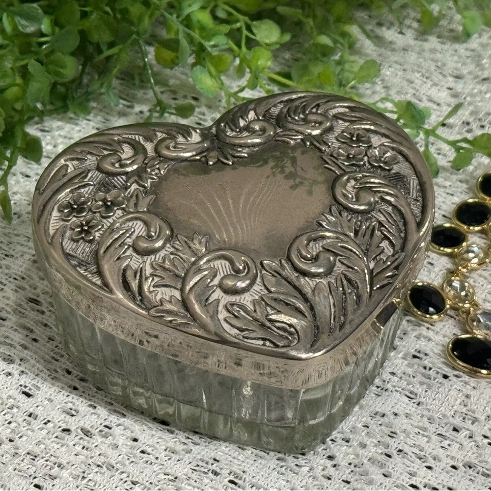 Heart Shaped Scrolled Silver Plated Glass Trinket Box with Mirror Under Lid